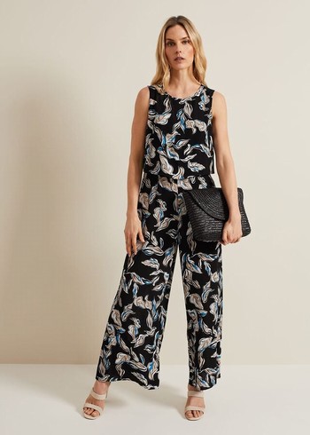 Phase Eight Aubrey Leaf Print Jumpsuit Black/Multicolor Canada | JXVGAM-164